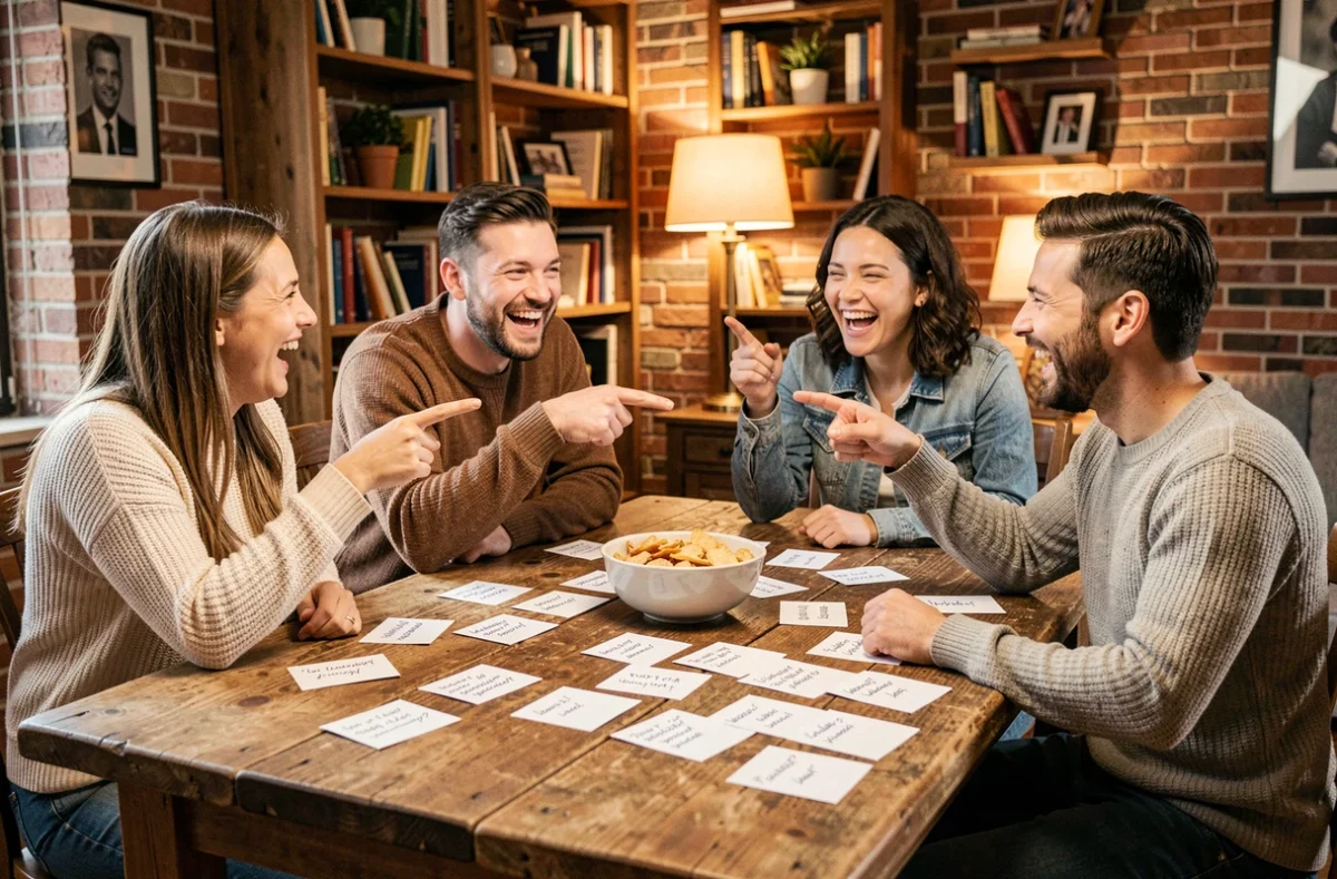 Groupe d'amis jouant à un jeu de questions croustillantes autour d'une table en bois avec des cartes manuscrites