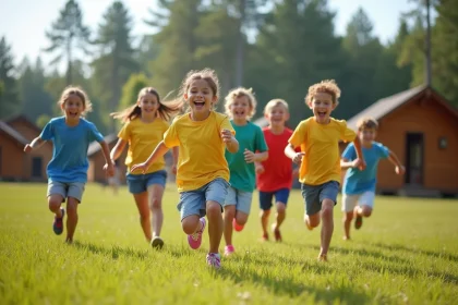 Groupe d'enfants jouant au jeu touche touche pas dans une prairie de colonie de vacances