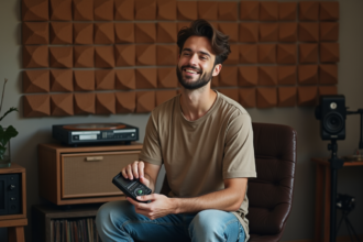 Jeune chanteur en studio à la maison avec enregistrement
