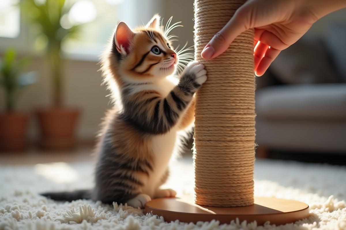 Chaton tricolore apprenant à utiliser un griffoir