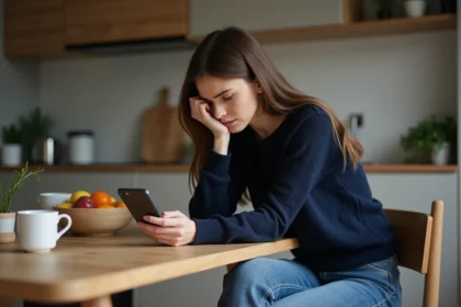 Jeune femme assise dans une cuisine minimaliste en train de regarder son téléphone