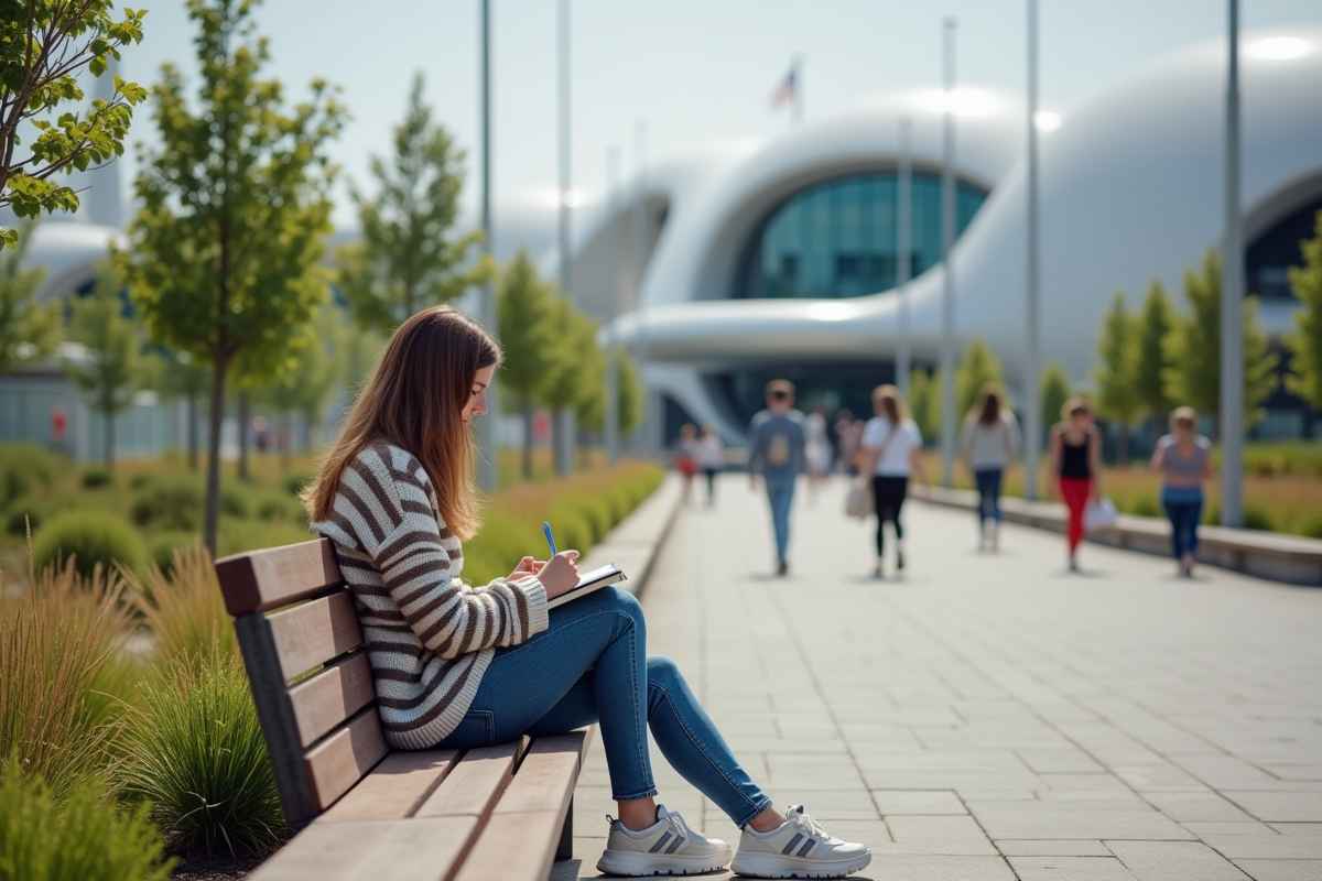 Jeune femme prenant des notes dans le parc Futuroscope