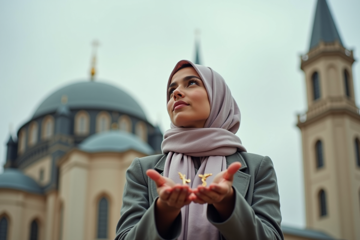 Jeune femme tenant symboles religieux devant mosquee et eglise