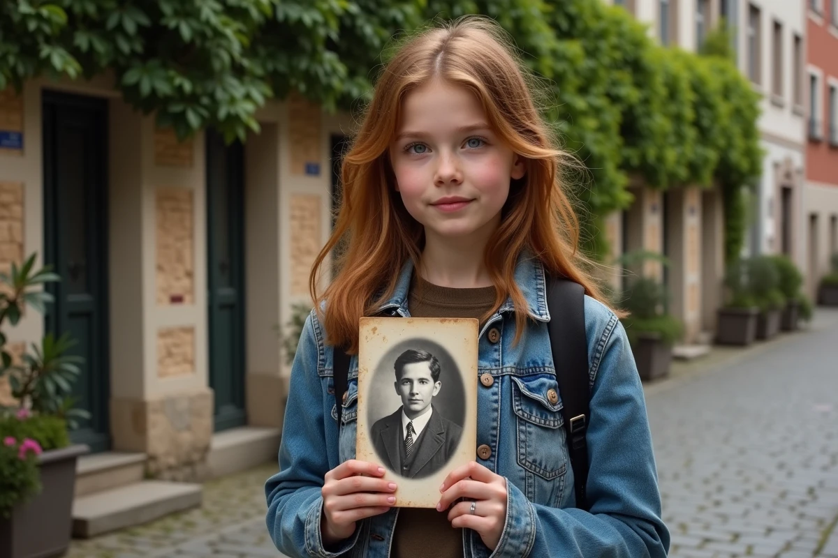 Jeune fille tenant un vieux portrait devant un mur en pierre
