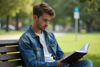 Jeune homme lisant dans un parc verdoyant