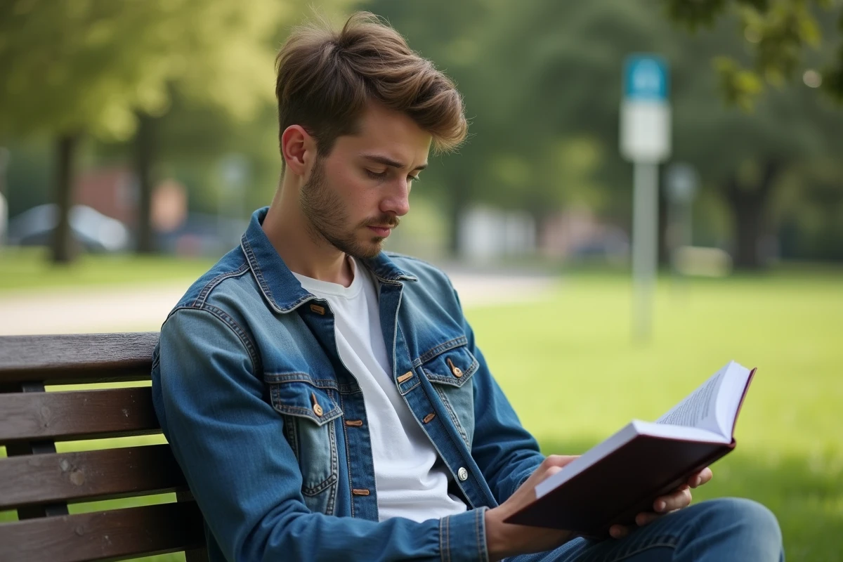 Jeune homme lisant dans un parc verdoyant