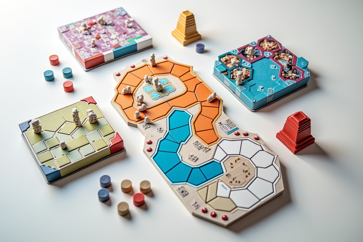 Jeux de société récents disposés sur une surface blanche