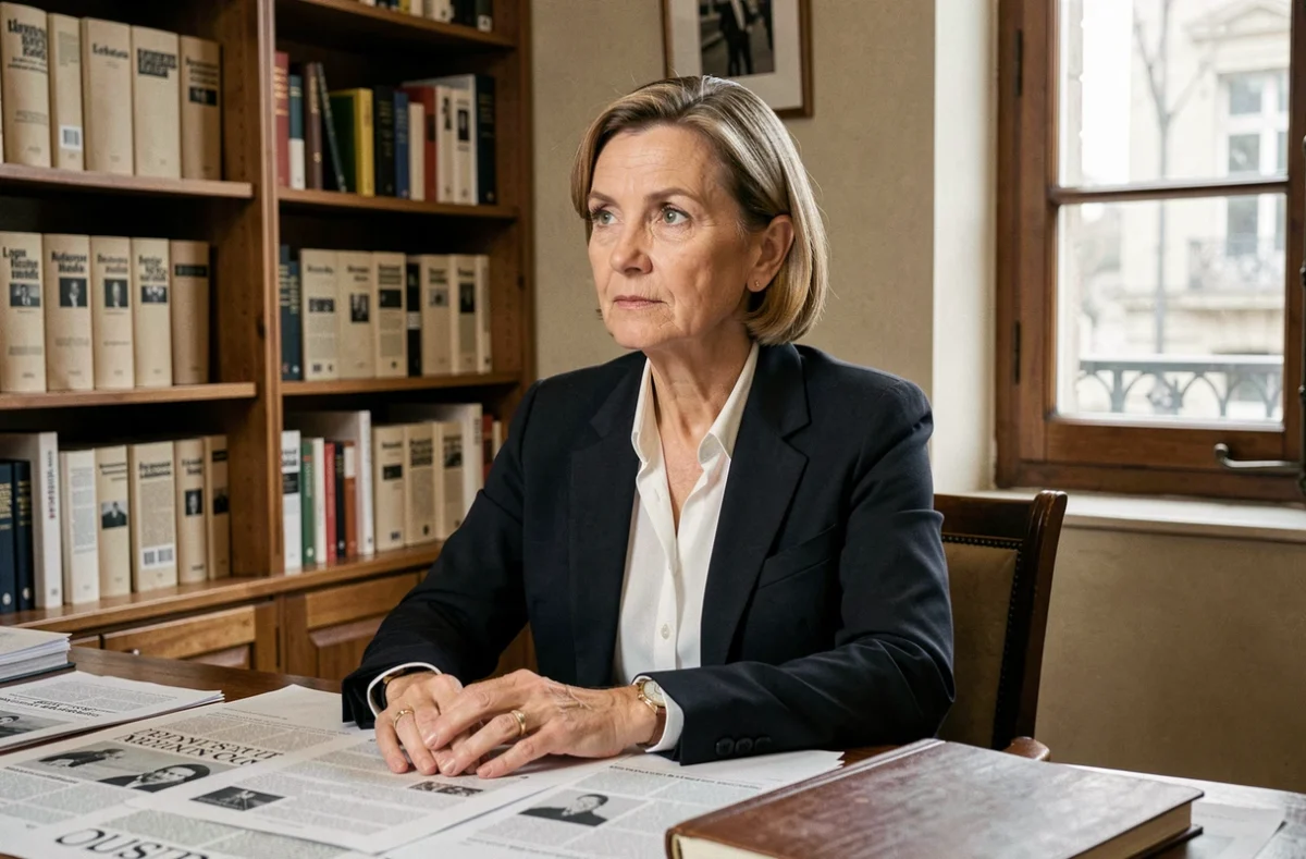 Journaliste professionnelle assise à son bureau dans un bureau éditorial parisien, exprimant concentration et sérénité