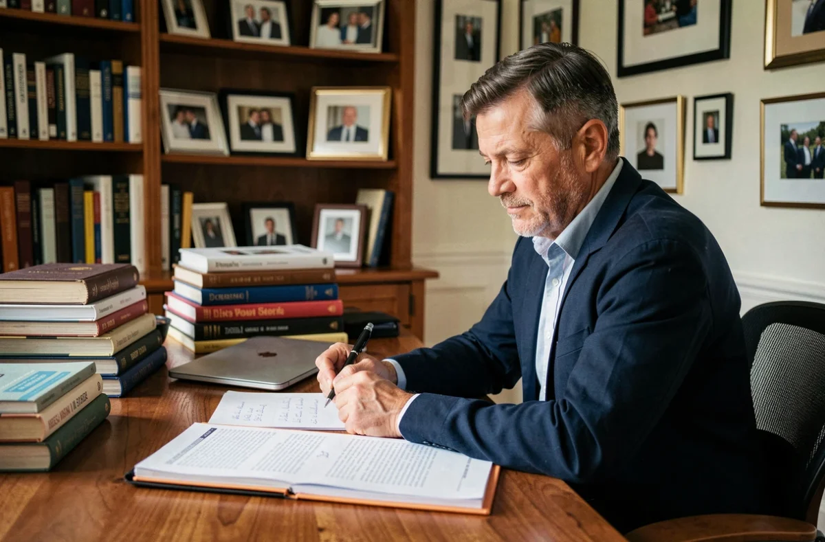 Journaliste en coulisses dans son bureau personnel entouré de notes et de livres, illustrant la part cachée de la vie d'Olivier Benkemoun