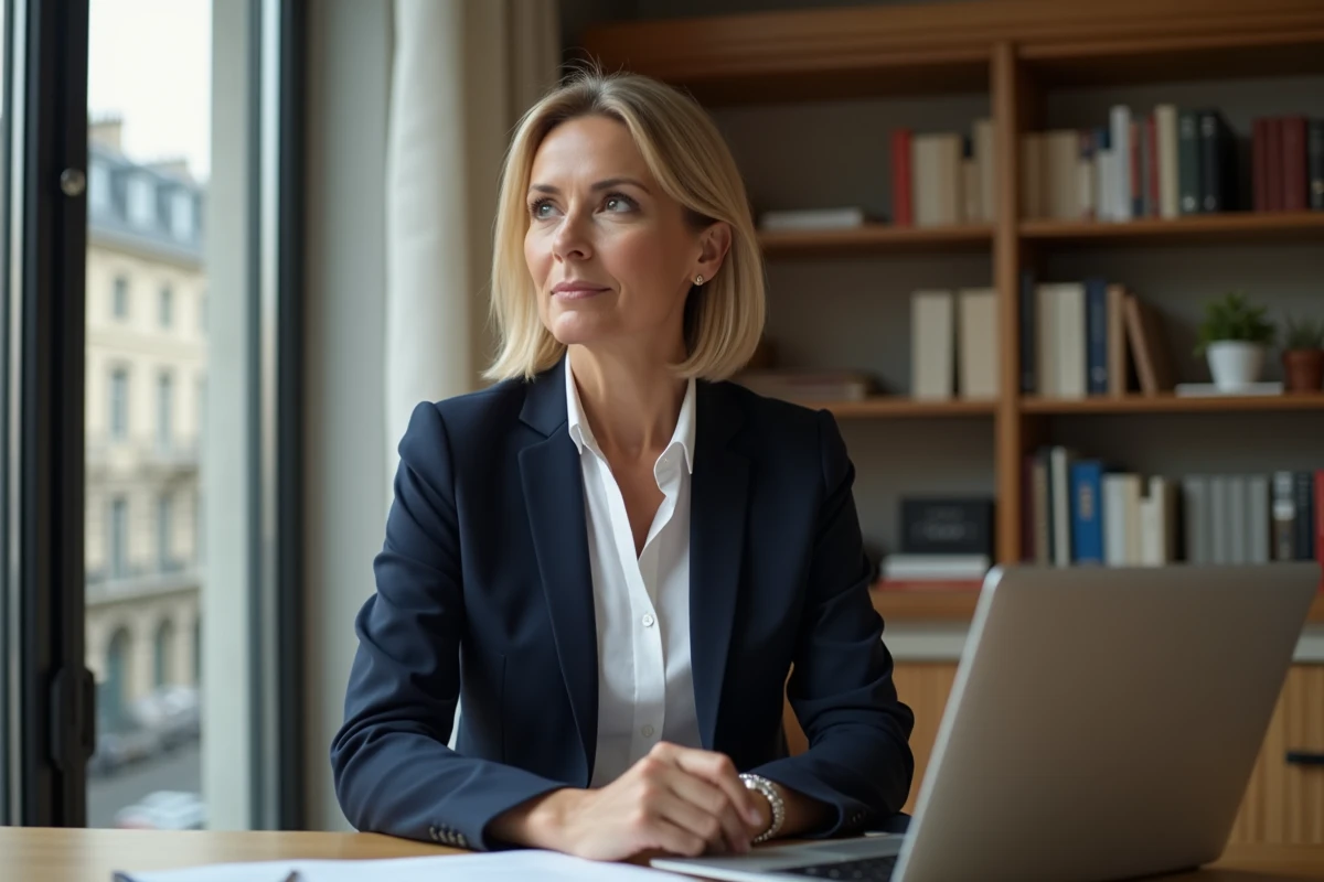Femme journaliste professionnelle assise à son bureau parisien, regard pensif, ambiance éditoriale