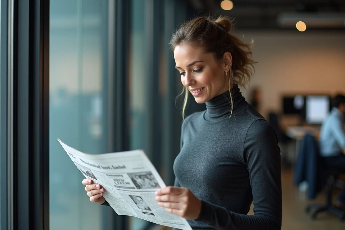 Journaliste femme dans une rédaction tenant un journal, regard concentré, atmosphère professionnelle et réaliste