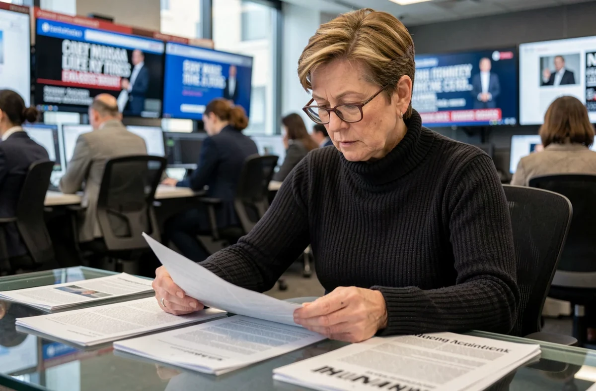 Journaliste senior analysant des documents imprimés dans une salle de rédaction moderne, lunettes sur le nez
