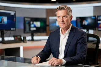 Journaliste présentateur de télévision en plateau, posture professionnelle et regard assuré, illustrant la vie publique d'Olivier Benkemoun