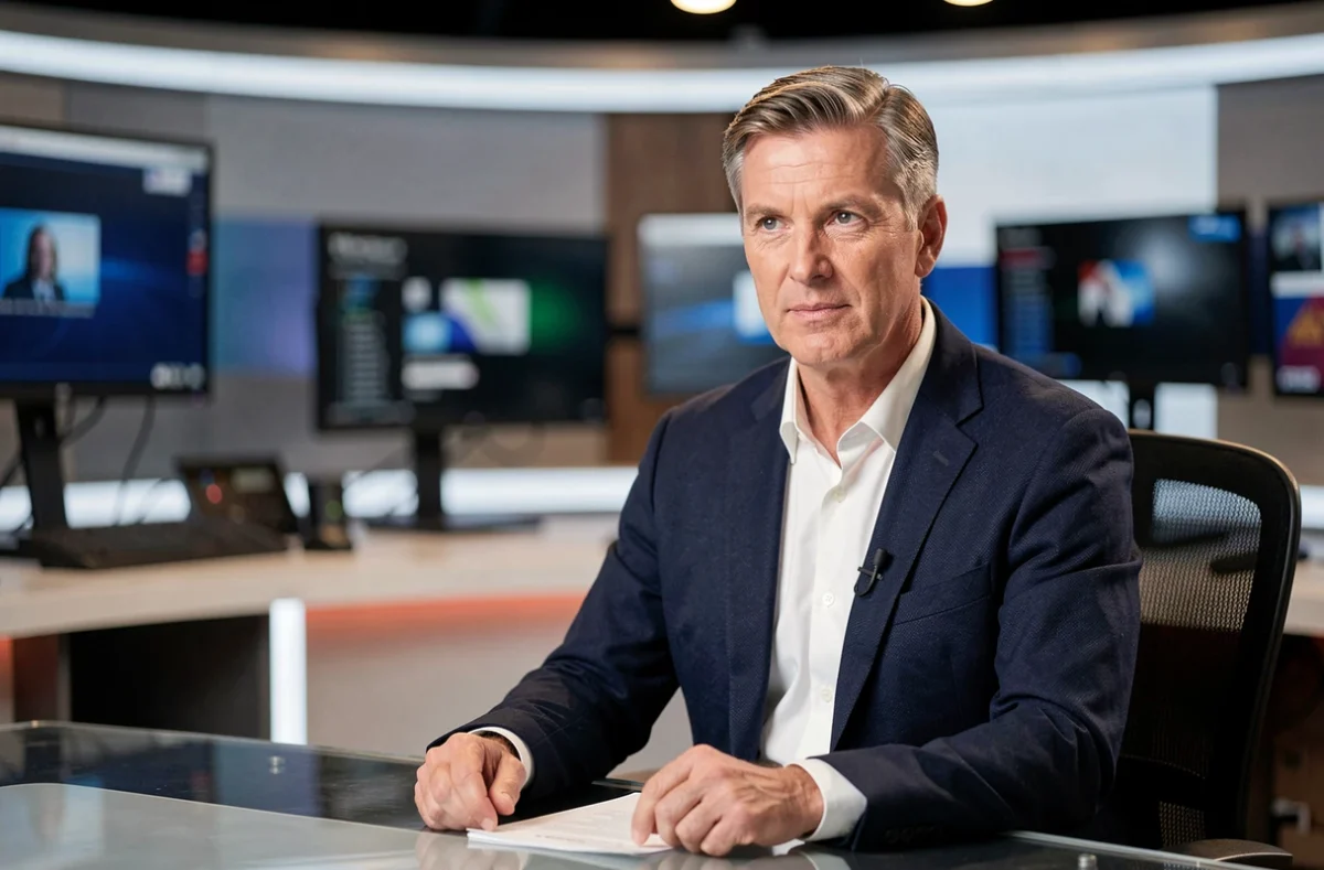 Journaliste présentateur de télévision en plateau, posture professionnelle et regard assuré, illustrant la vie publique d'Olivier Benkemoun