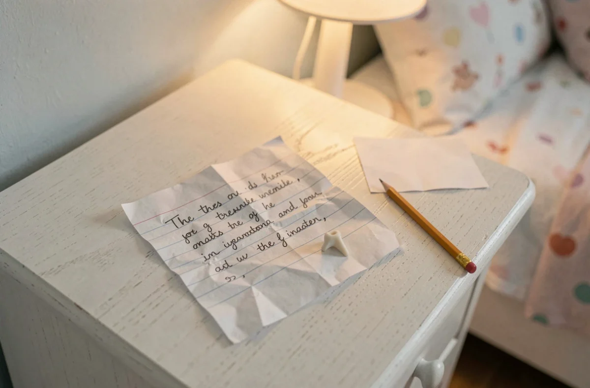 Lettre manuscrite pour la petite souris posée sur une table de nuit avec une petite dent de lait