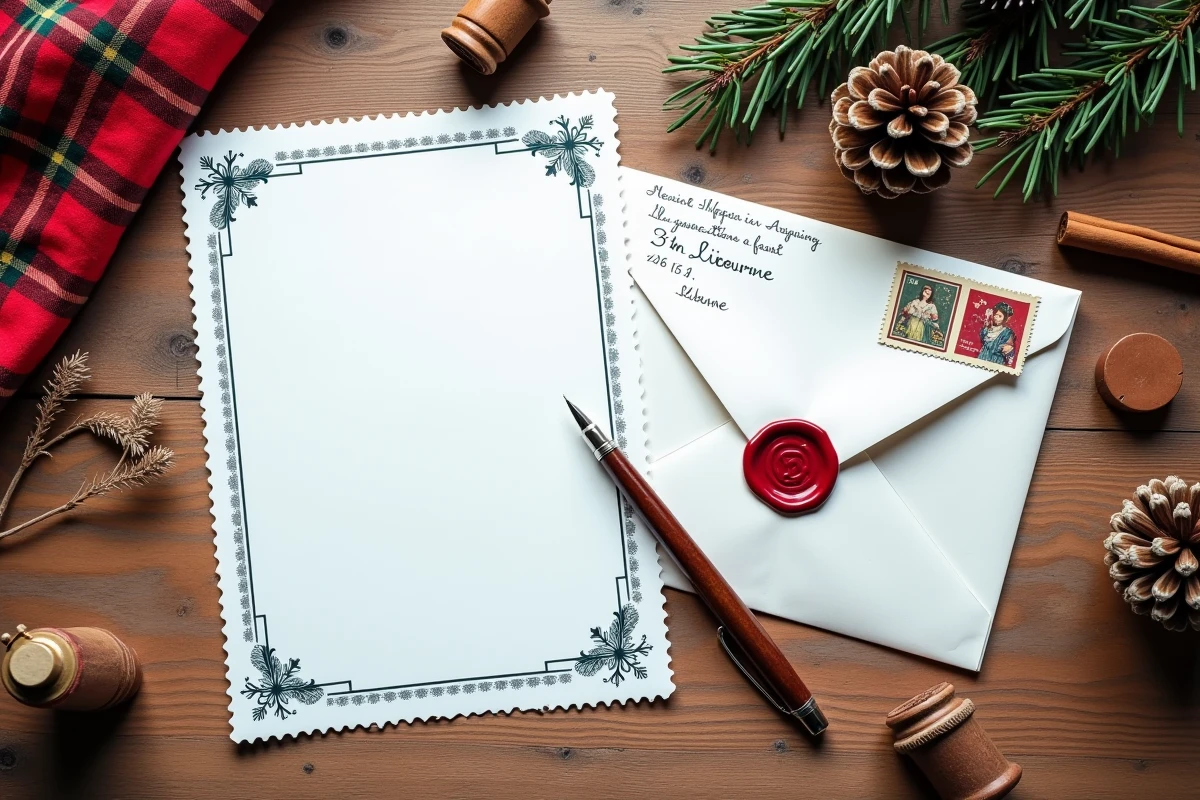 Vue en plongée d'une lettre au Père Noël imprimée avec enveloppe timbrée et adressée à Libourne