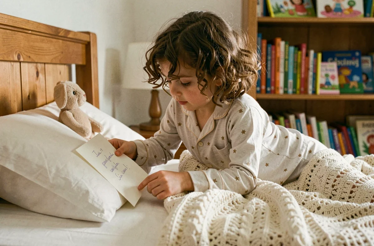 Petite fille en pyjama plaçant une lettre pour la petite souris sous son oreiller avant de dormir