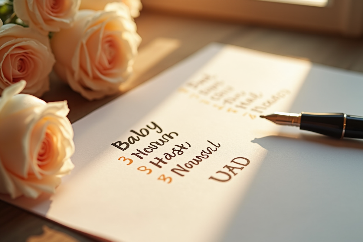 Liste de prénoms de bébé écrite à la main avec fleurs et stylo