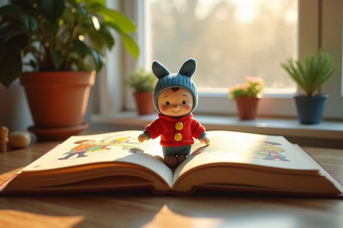 Livre pour enfants ouvert avec illustrations de Noddy sur une table en bois