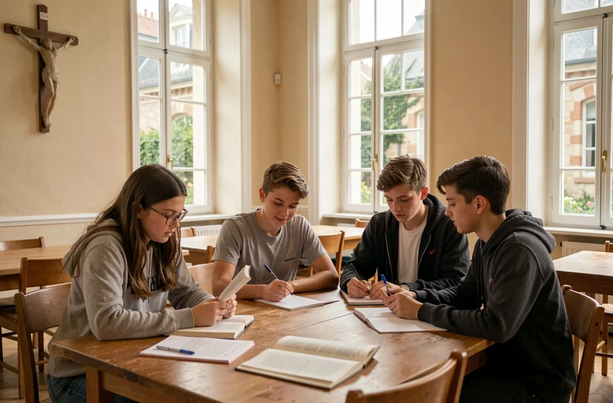 Élèves du Lycée Sainte-Marie de Caen en salle d'étude dans un cadre catholique traditionnel