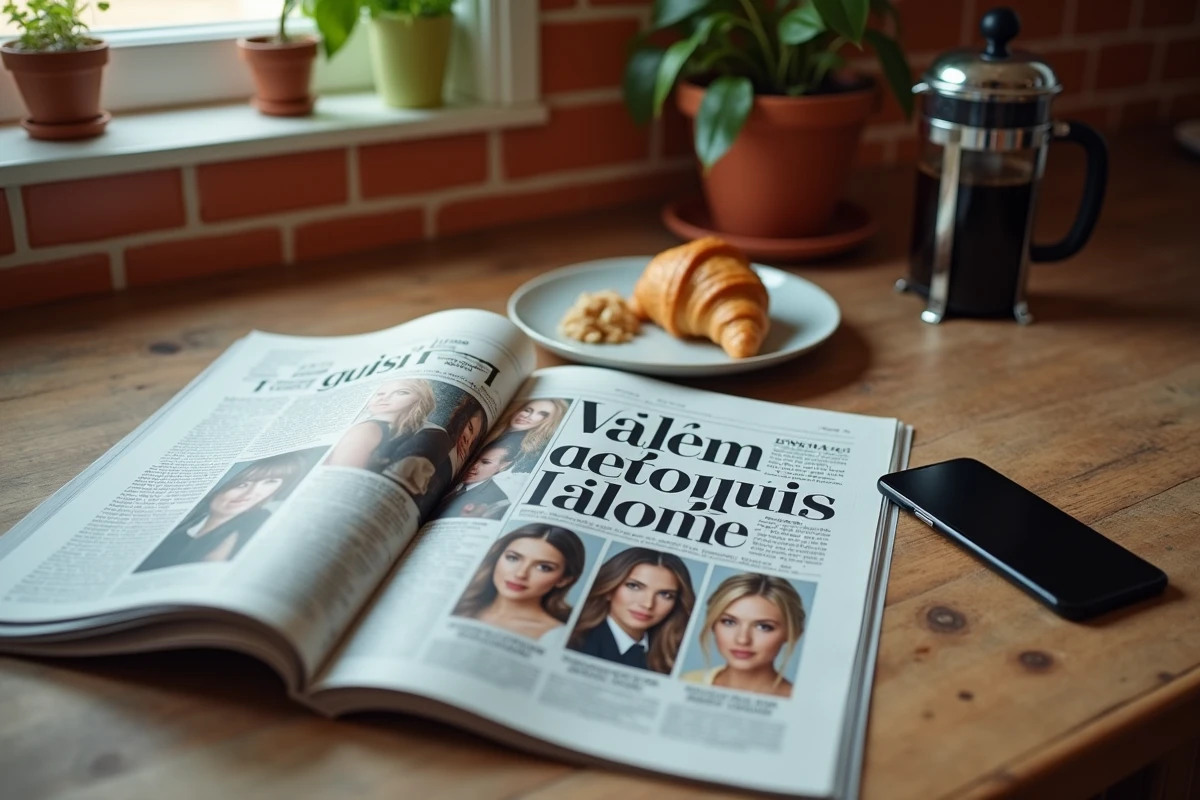 Magazine people ouvert sur une table en bois avec smartphone et croissant, illustrant les rumeurs sur la vie privée de Zaz