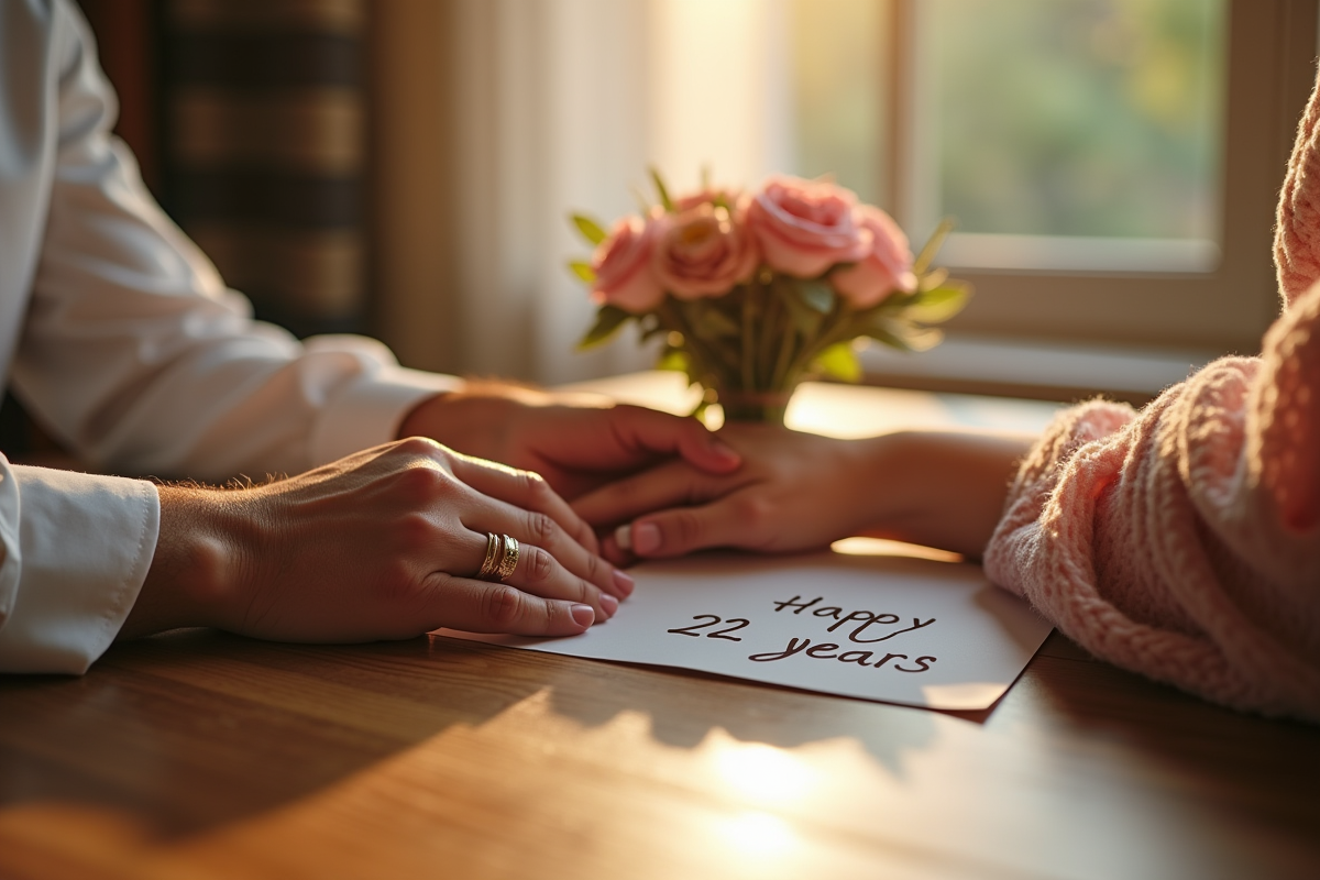 Mains entrelacees avec bagues et bouquet de fleurs pour anniversaire