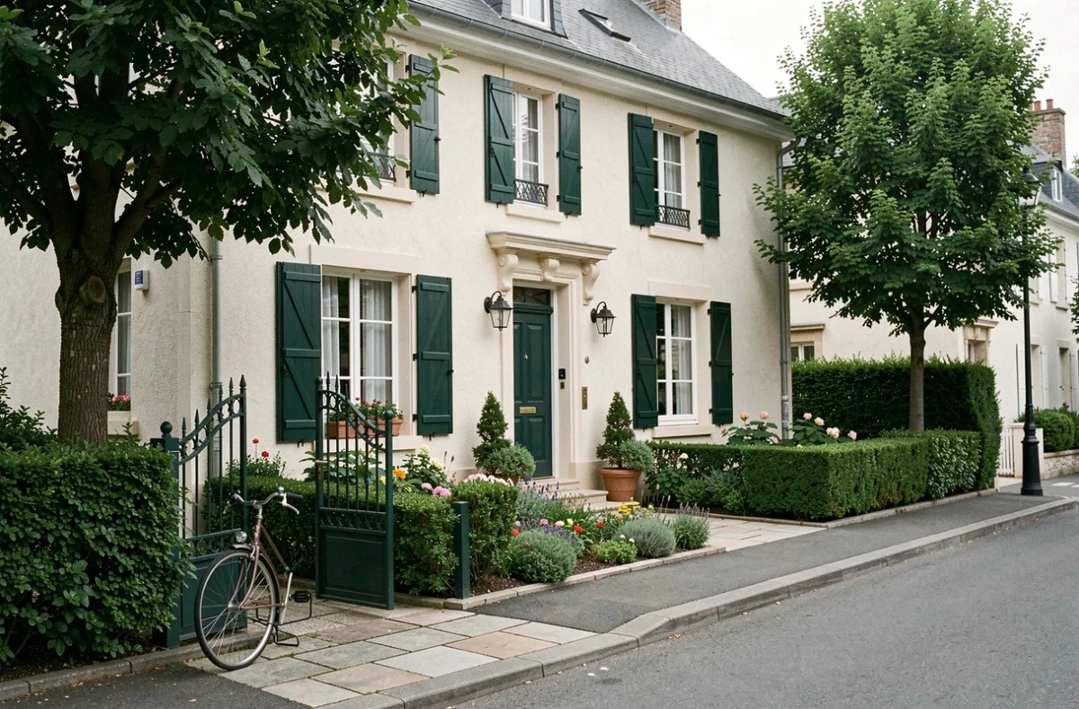 Façade discrète d'une maison familiale française en banlieue résidentielle, illustrant le choix d'une vie privée assumée loin des projecteurs médiatiques pour une famille de dirigeant