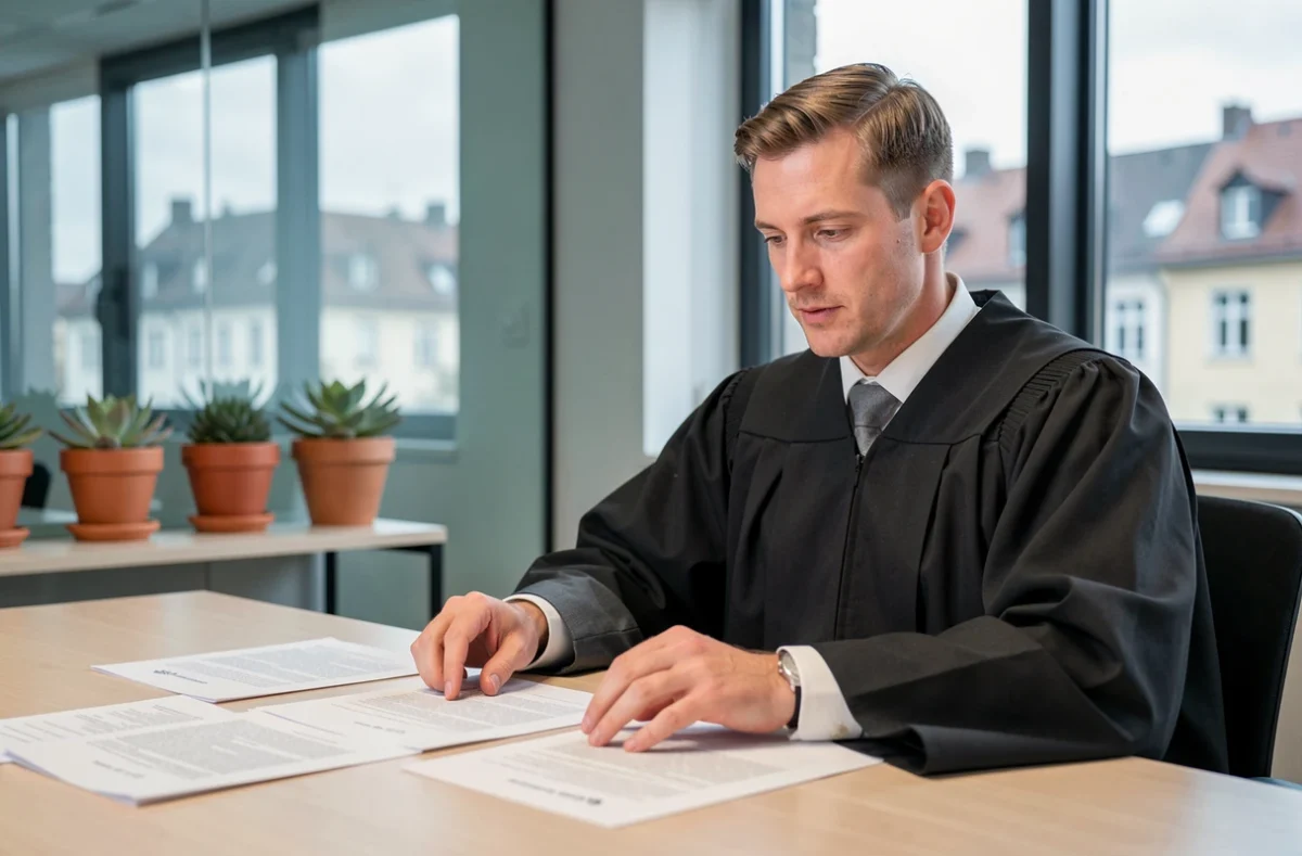 Maître Baptiste Belzung, avocat au barreau de Mulhouse, examinant des documents dans une salle de réunion moderne