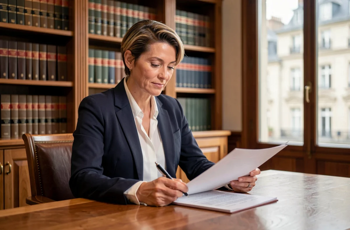Maître Delphine Legras, avocate au barreau de Reims, assise à son bureau consultant un dossier juridique