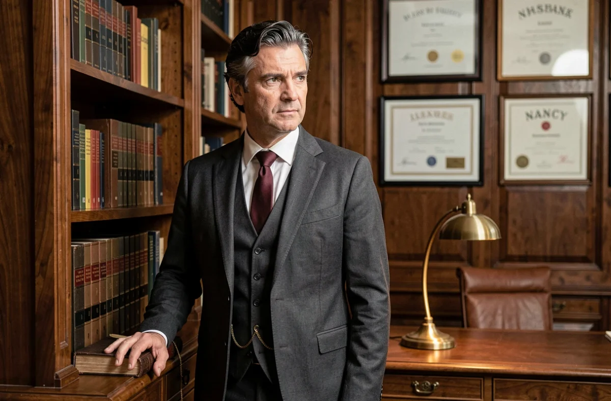 Maître Marc-Olivier Conti, avocat au barreau de Nancy, dans son cabinet traditionnel aux boiseries sombres
