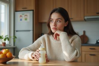 Jeune maman en sweater tenant un biberon dans une cuisine lumineuse