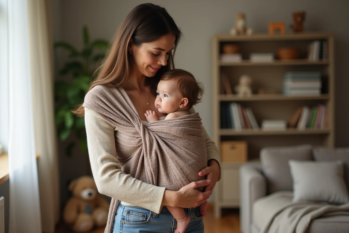 Jeune maman avec bébé en porte-bébé tissu