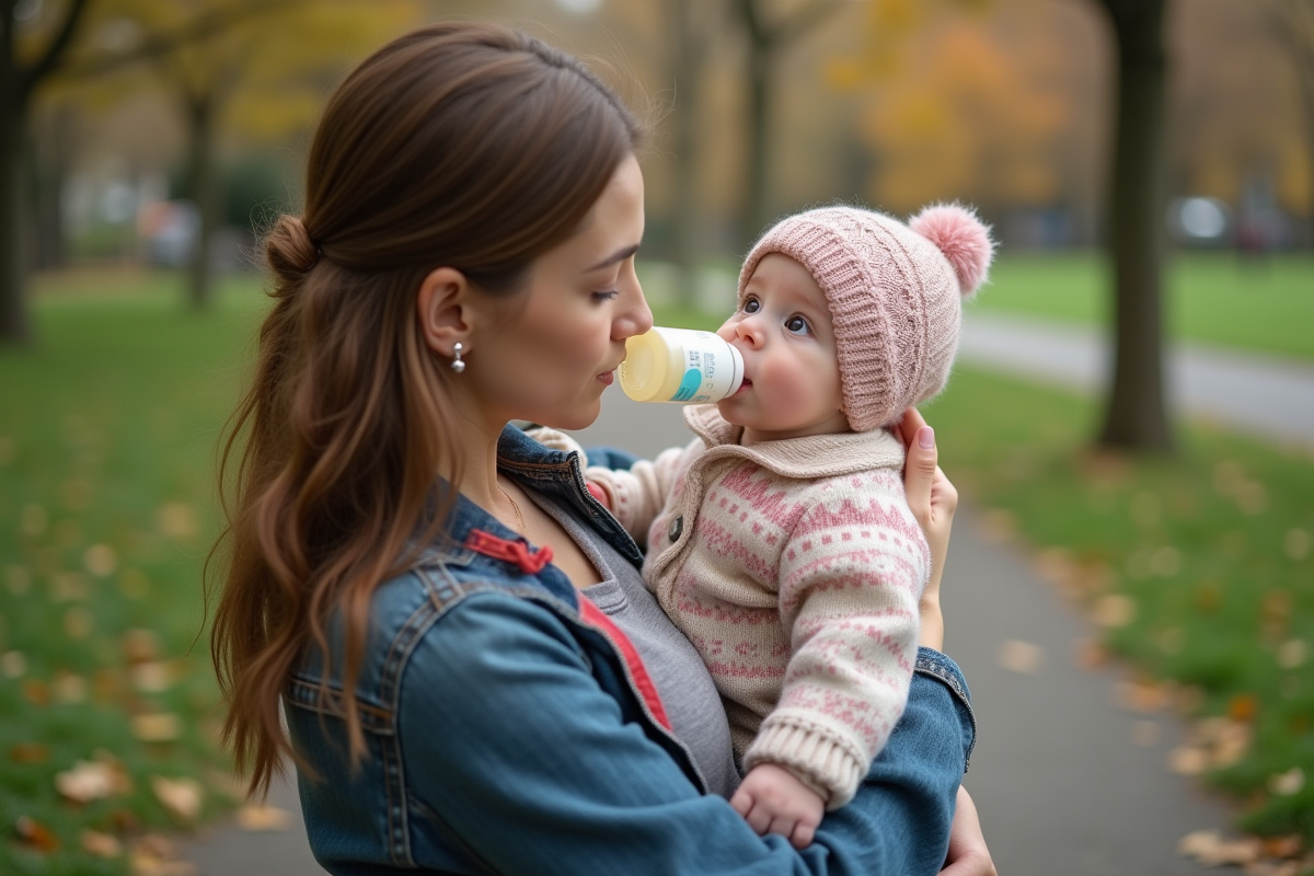 Maman nourrissant son bebe dans un parc en automne