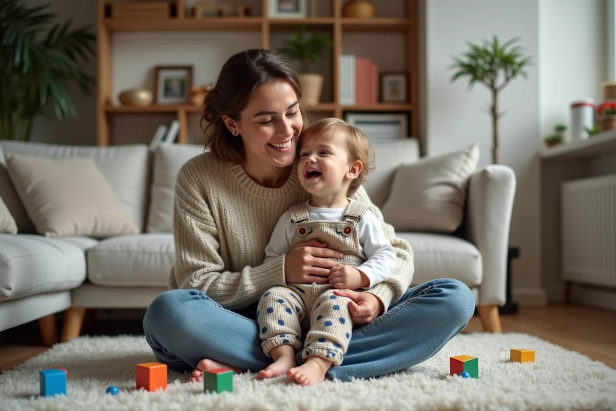 Maman et son enfant souriant dans le salon familial