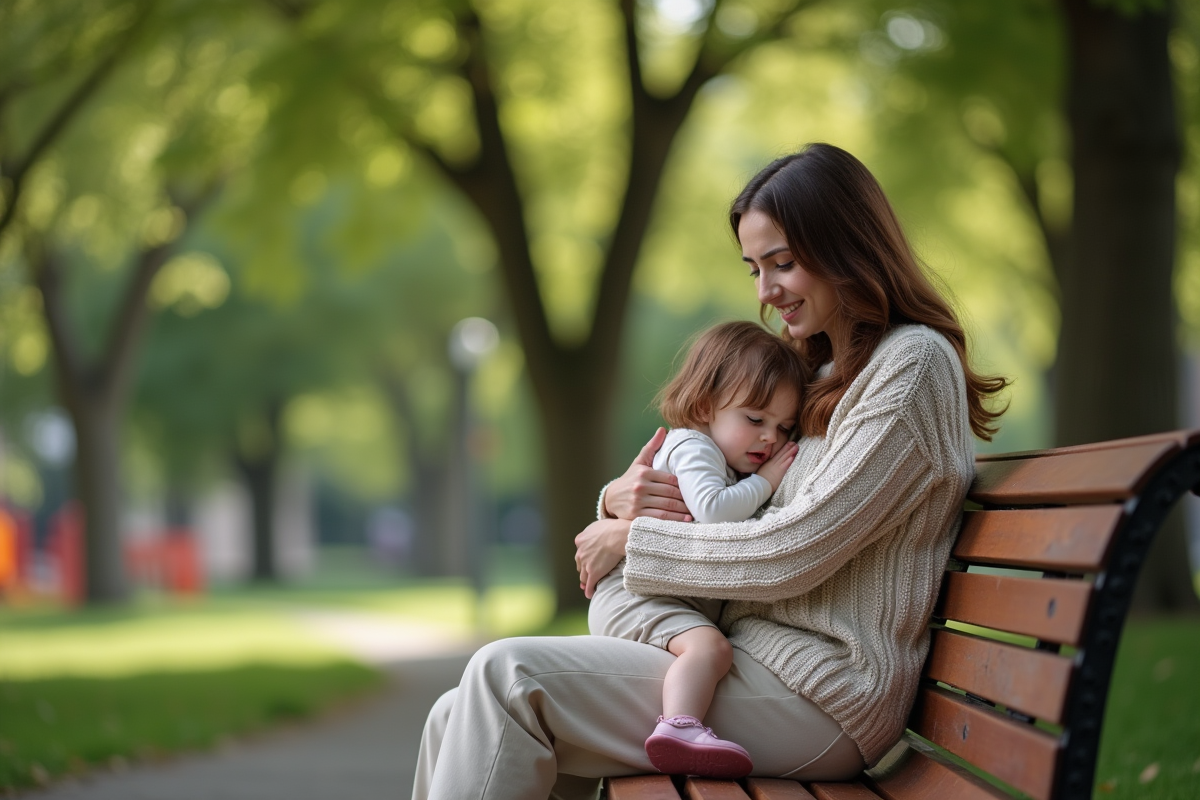 Maman réconforte sa fille dans un parc urbain