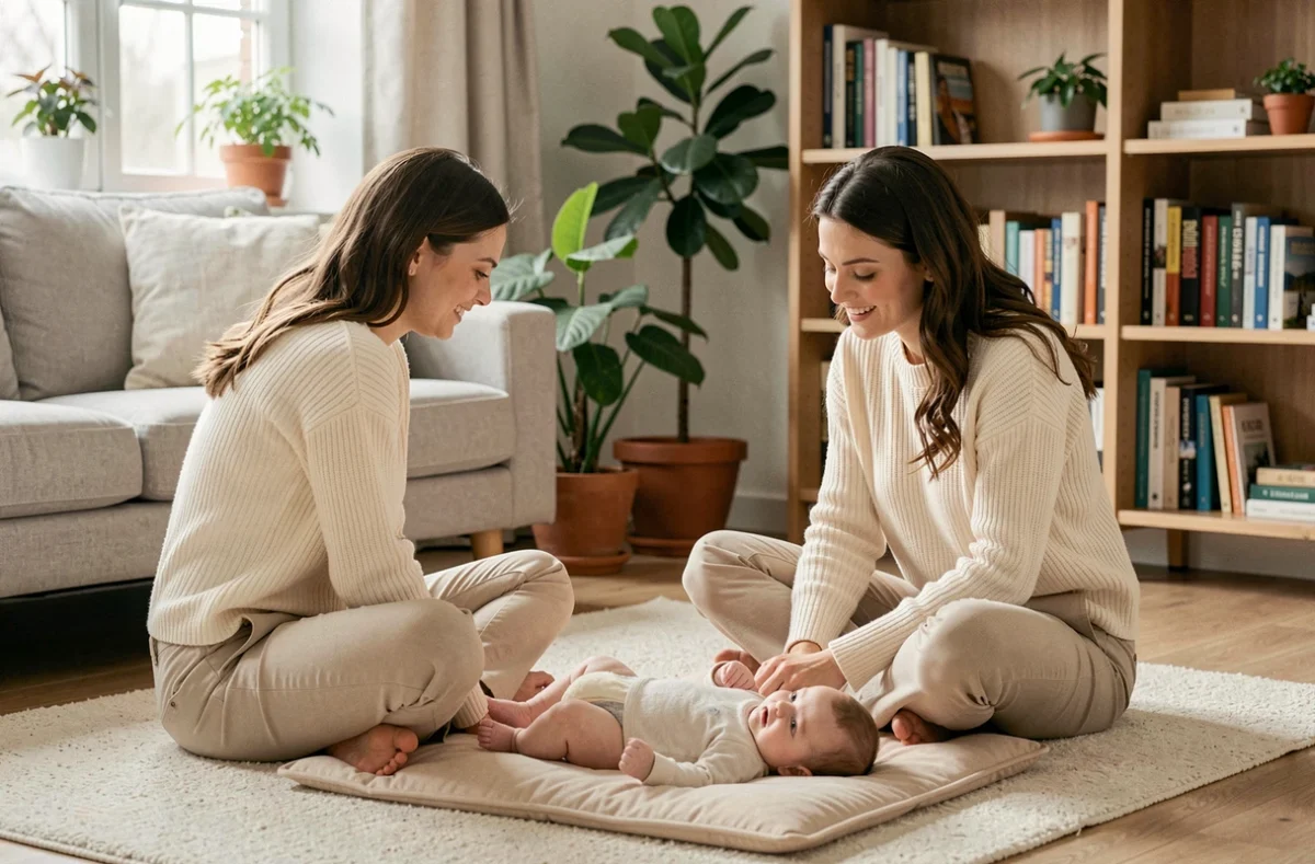 Jeune maman danseuse jouant avec son nourrisson sur un tapis de jeu dans un salon moderne et cosy