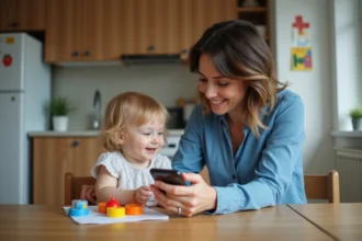 Maman souriante avec son enfant utilisant une application de garde