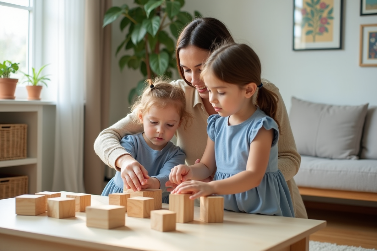 Maman et fille arrangeant des blocs Montessori dans un salon lumineux