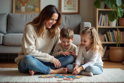 Maman souriante aidant ses enfants à faire un puzzle à la maison