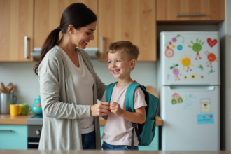 Femme aidant un enfant à mettre son sac dans la cuisine chaleureuse
