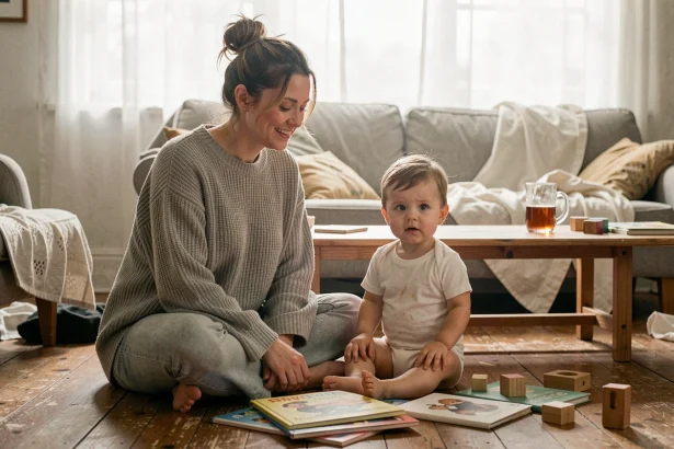 Maman épuisée mais bienveillante assise par terre avec son enfant en bas âge entouré de livres illustrés dans un salon cosy
