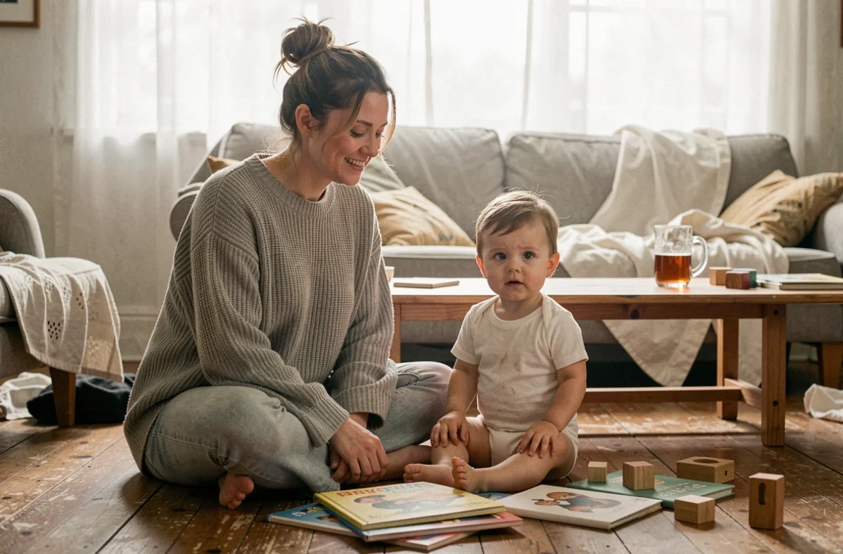 Maman épuisée mais bienveillante assise par terre avec son enfant en bas âge entouré de livres illustrés dans un salon cosy