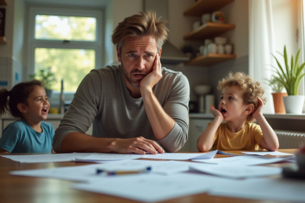Une adulte frustrée à la table avec papiers désordonnés