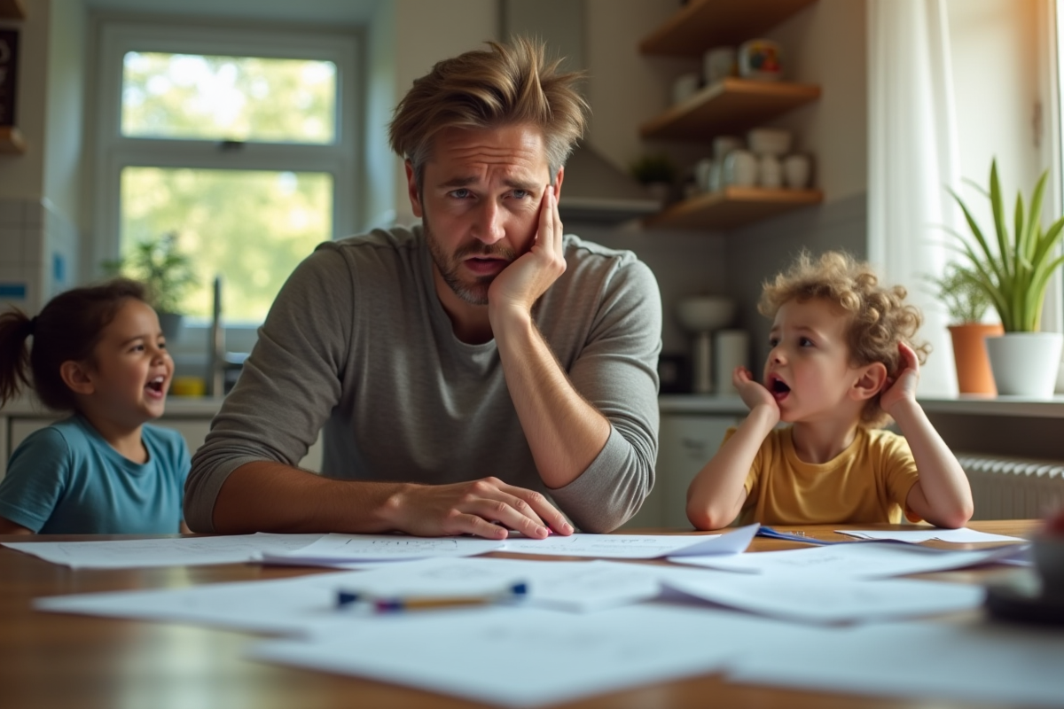 Une adulte frustrée à la table avec papiers désordonnés