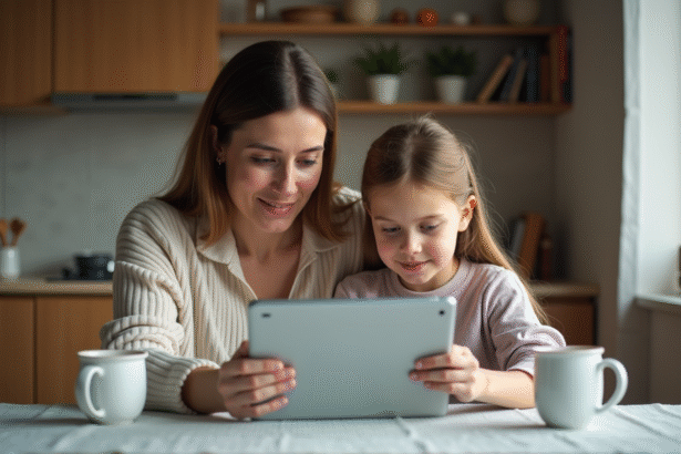 Maman et sa fille regardent une tablette ensemble dans la cuisine