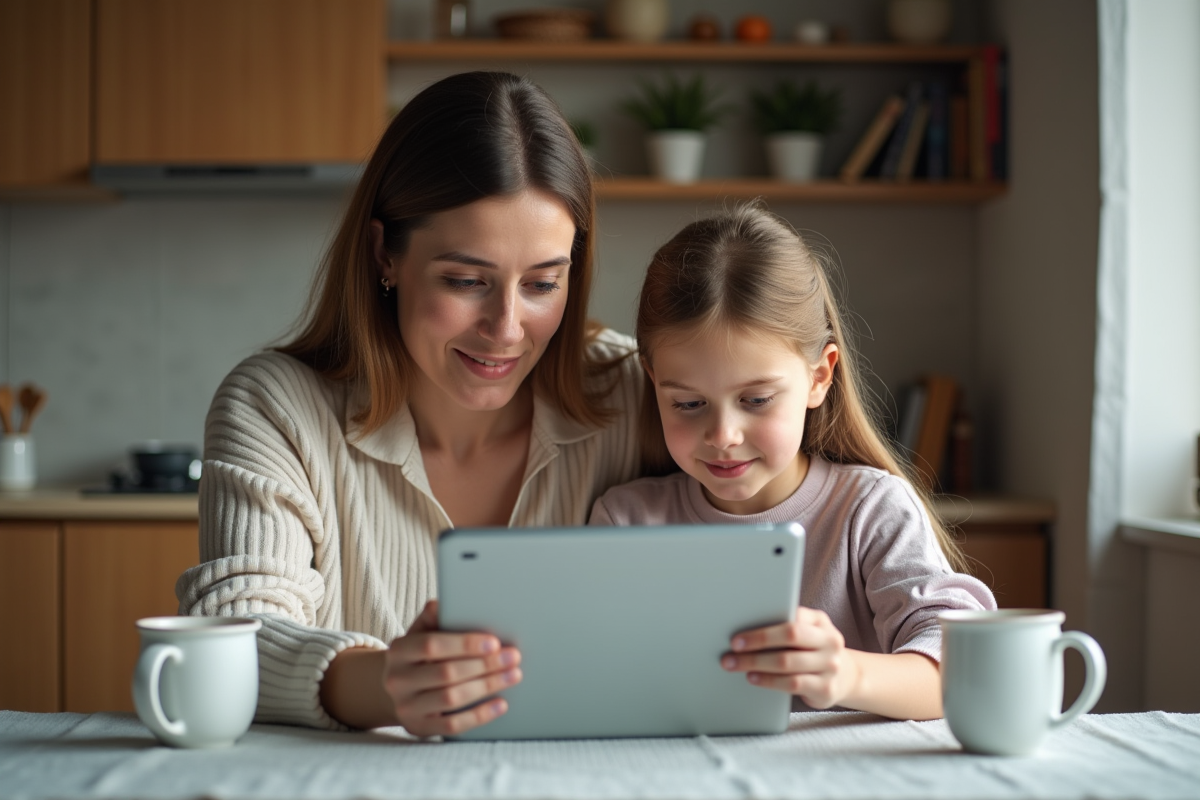 Maman et sa fille regardent une tablette ensemble dans la cuisine