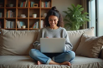 Maman solo souriante sur son canapé avec un ordinateur portable, symbolisant la communauté en ligne pour mamans solos sur mama-bears.fr