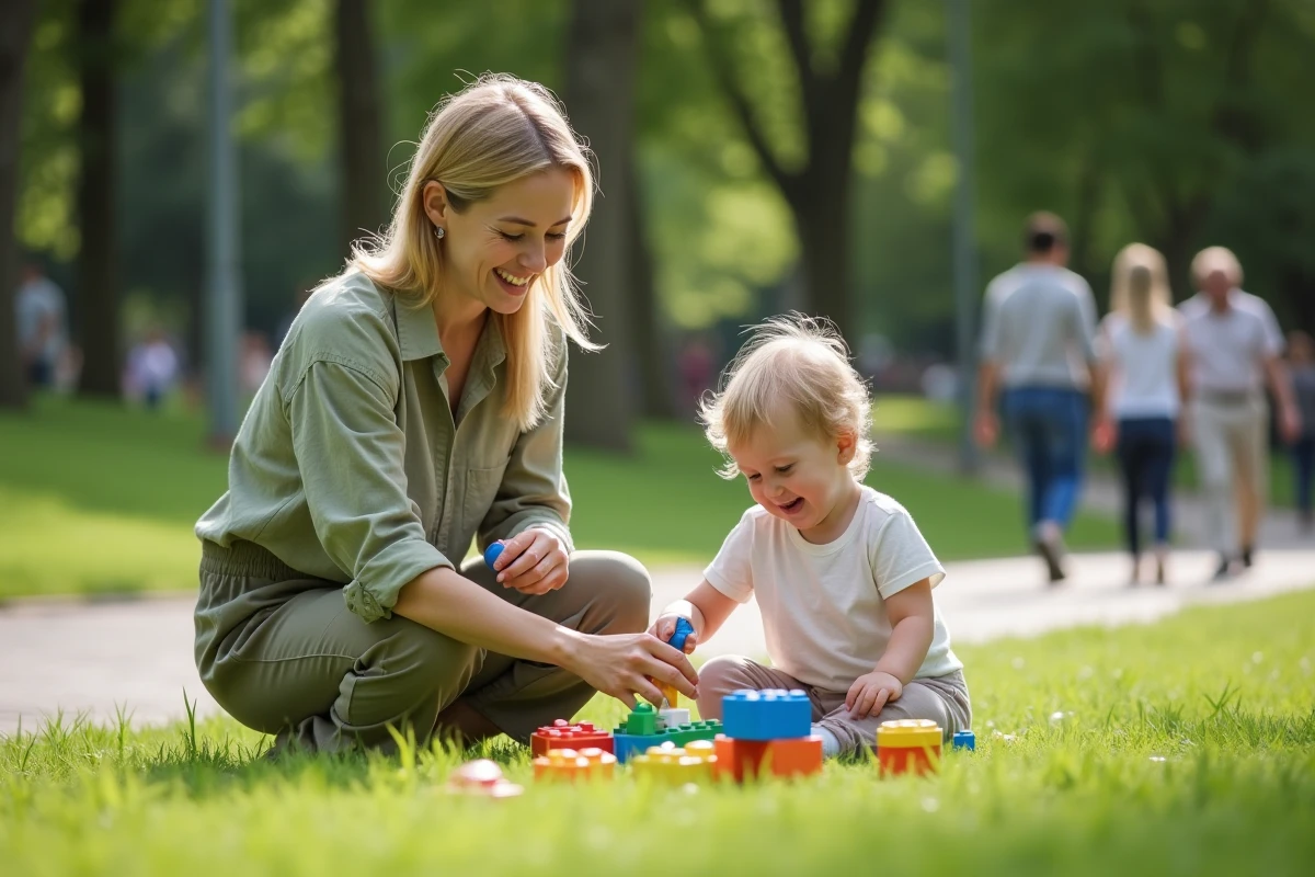 Maman solo jouant avec son enfant dans un parc, représentant l'équilibre entre vie de famille et soutien communautaire pour les mamans solos