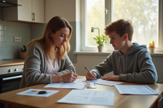 Mère et adolescent remplissant des papiers à la maison