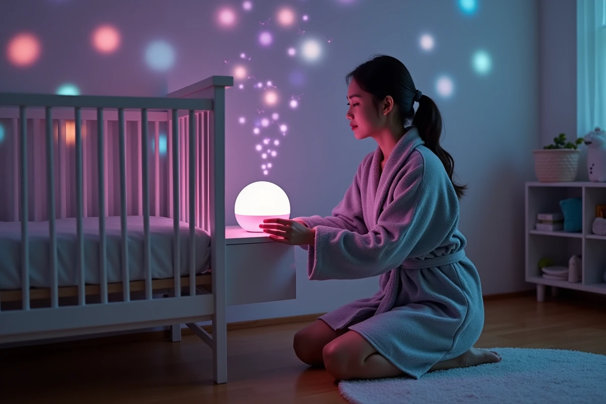 Maman installant une veilleuse lumineuse musicale près du lit de son bébé dans une chambre cosy